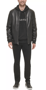 Calvin Klein Men's Faux Leather Bomber Jacket with Rib Knit Trim Black Medium