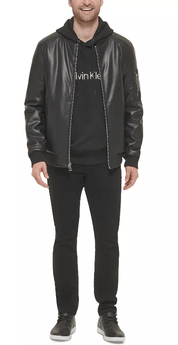 Calvin Klein Mens Faux Leather Bomber Jacket Coat Large Black Solid