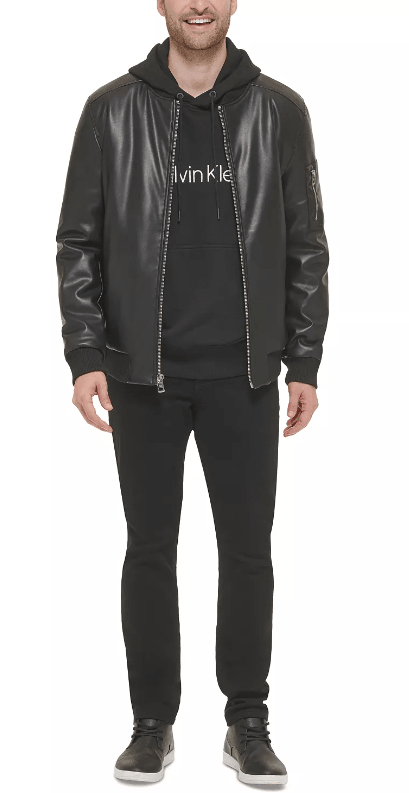 Calvin Klein Men's Faux-Leather Bomber Jacket Black Large