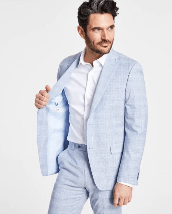 Alfani Mens Slim fit Suit Jacket Blazer 38 S Light Blue Plaid Stretch