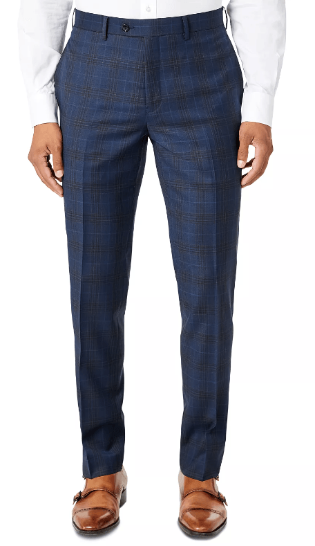 Tallia Mens Slim Fit Plaid Dress Pants Navy Blue Brown 32 x 30