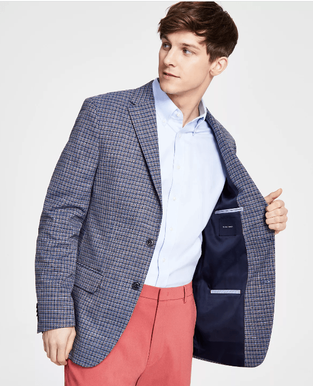 Tommy Hilfiger Mens Modern Fit Blue Brown Check Sport Coat 40R
