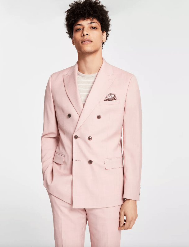 Bar III Mens Slim Fit Double Breasted Suit Jacket Pink 42R Wool Blend