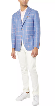 Tallia Mens Slim Fit Linen Sport Coat Pink Blue Windowpane 44L