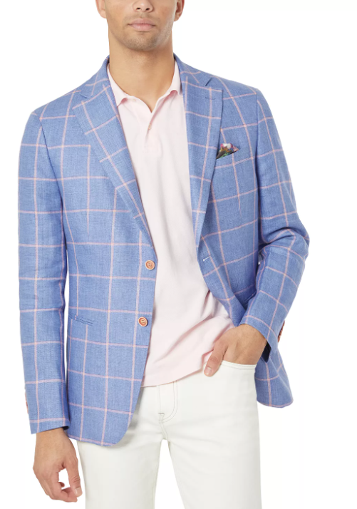Tallia Mens Slim Fit Linen Blazer Two Button Pink Blue 44L