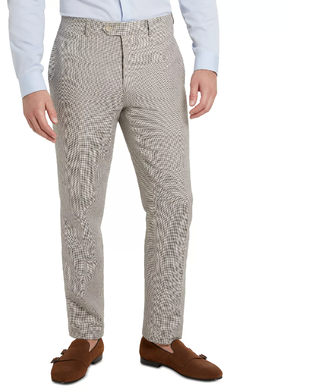 Tallia Men's Slim Fit Tan Houndstooth Suit Dress Pants Tan 32 x 32