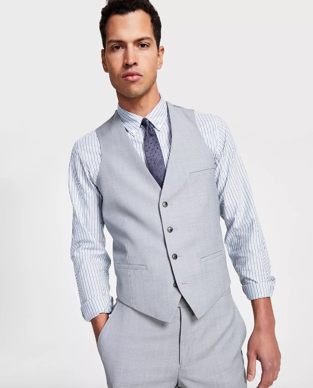 Bar Iii Men's Slim-Fit Sharkskin Suit Vest Large Light Grey Wool