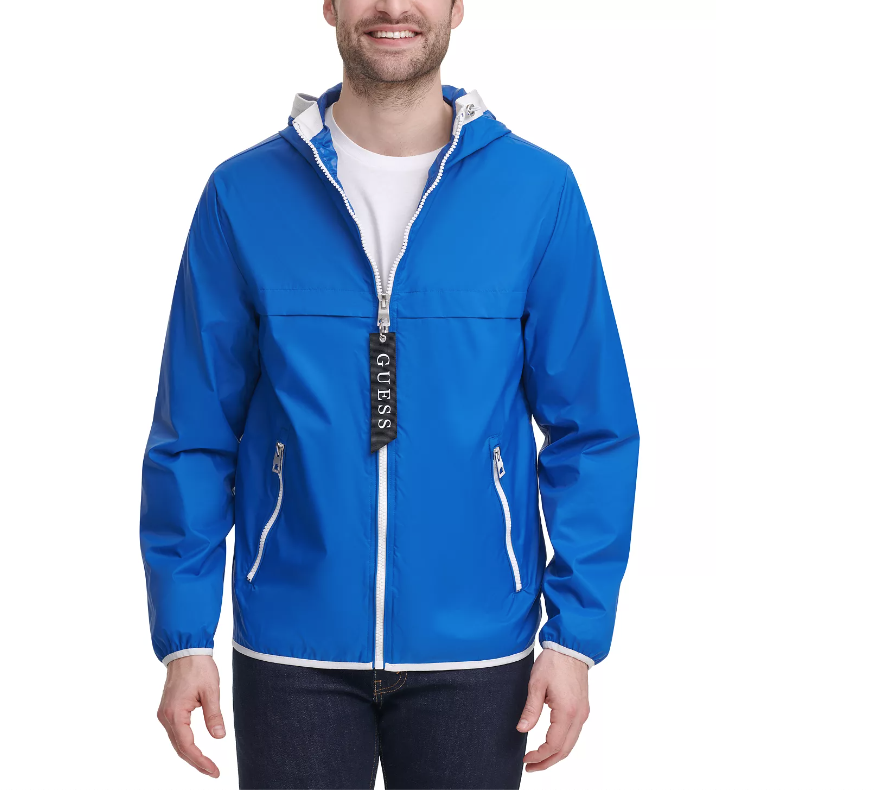 GUESS Men's Windbreaker Jacket Large Blue Colorblocked Hooded