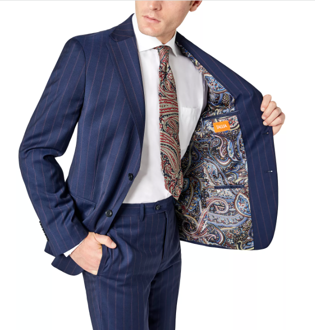 Tallia Mens Slim Fit Wool Navy Burgundy Stripe Suit Jacket 44L