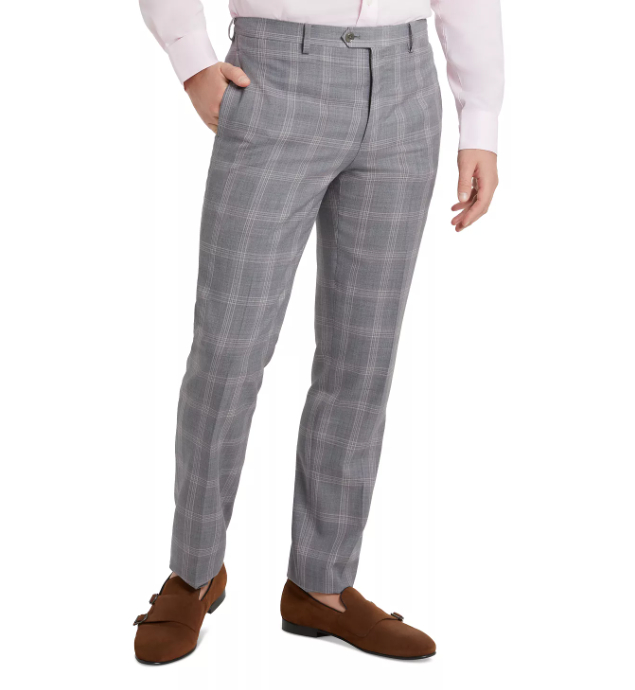 Tallia Slim-Fit Plaid Wool Suit Grey Pink 34 x 30