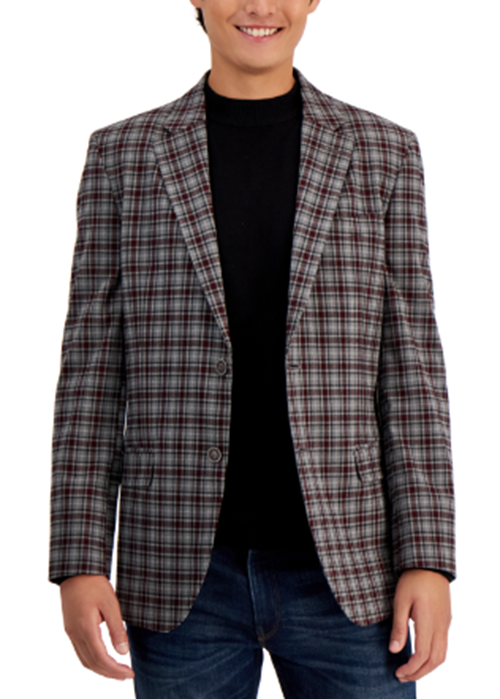 Nautica Mens ModernFit Plaid Suit Jacket Burgundy Grey 44R