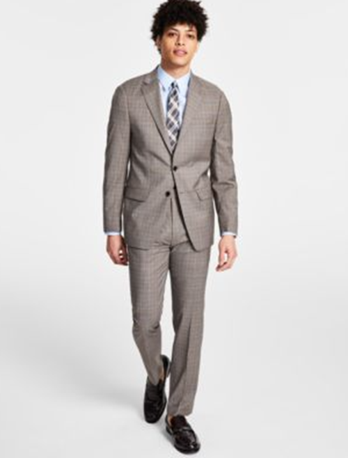 Calvin Klein Mens Slim Fit Plaid Wool Stretch Suit Jacket Brown 38S