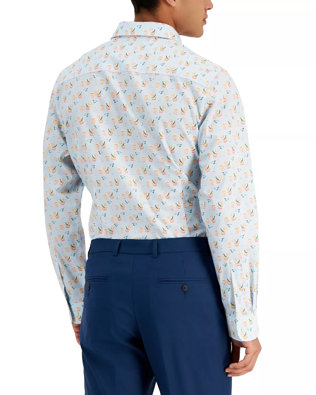 Bar III Men's Cocktail Print Button Down Dress Shirt Lightt Blue 15 15.5