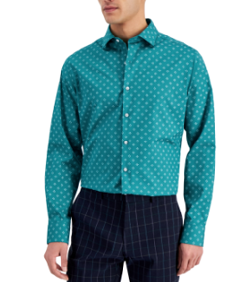BAR III Men's Slim Fit Medallion Dress Shirt Green XL 17 / 17.5