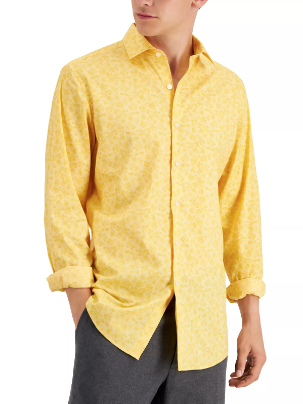 Bar III Mens Slim Fit Floral Stretch Button Down Dress Shirt Yellow 15 - 15.5