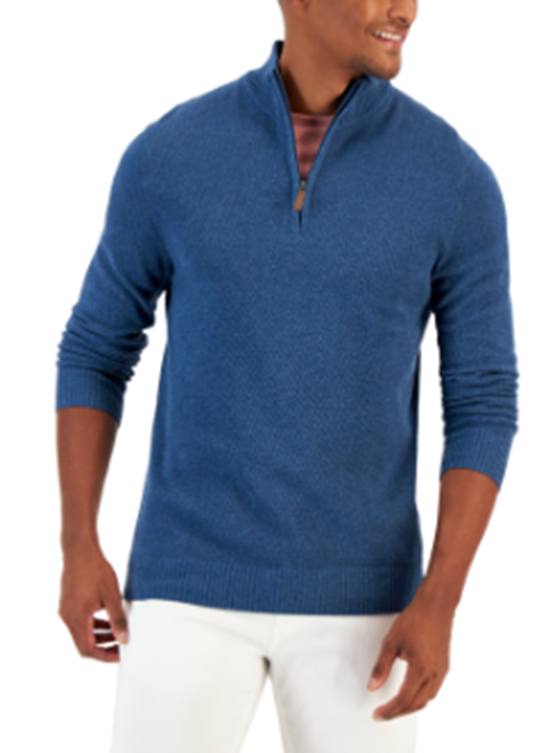 Club Room Mens Quarter-Zip Cotton Sweater Blue Wing Heather Small