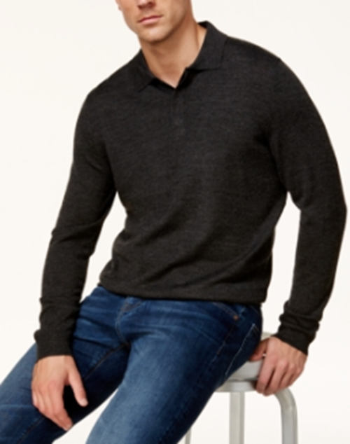 Club Room Men's Henley Sweater Knit Ebony Heather Grey  Large
