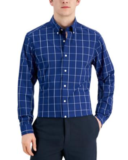 Club Room Men's Windowpane Button Down Shirt White Navy Large 16-16.5