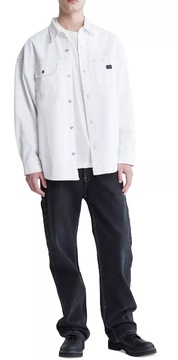 Calvin Klein Men's Long Sleeve Button Down Denim Workshirt Snow White Large