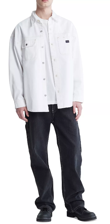 Calvin Klein Men's Long Sleeve Button Down Denim Workshirt Snow White Large