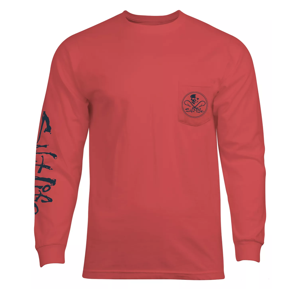 SALT LIFE Mens Skull & Hooks Logo Graphic Long Sleeve T Shirt Burnt Coral Large