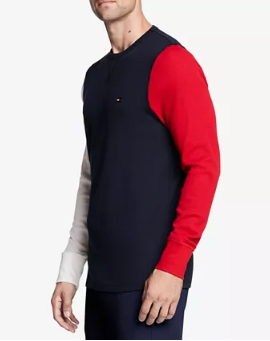 TOMMY HILFIGER Men's Colorblocked Waffle-Knit Long-Sleeve Crewneck T Shirt LARGE