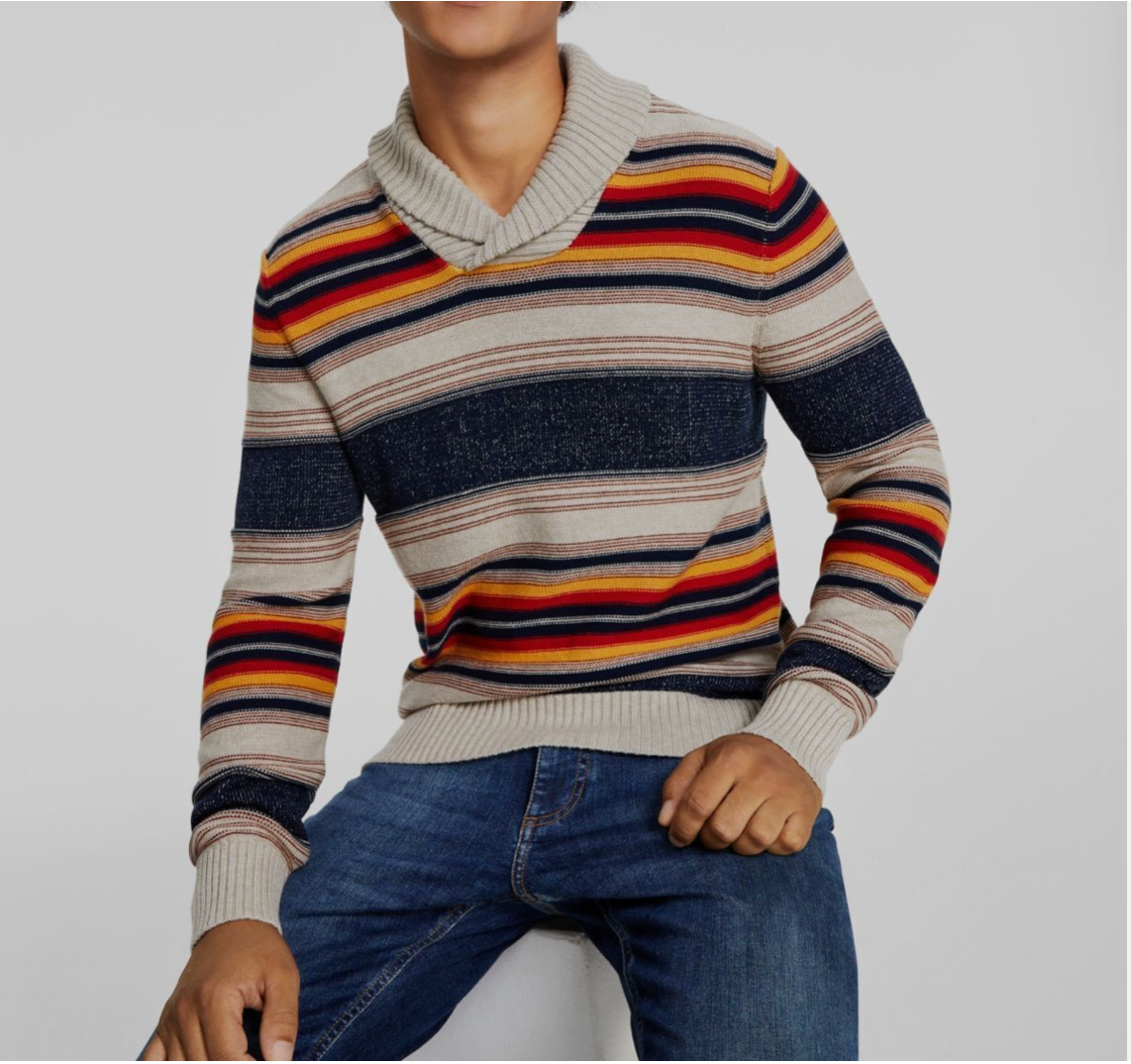 Sun + Stone Men's Blanket Stripe Shawl Sweater Small Beige Khaki