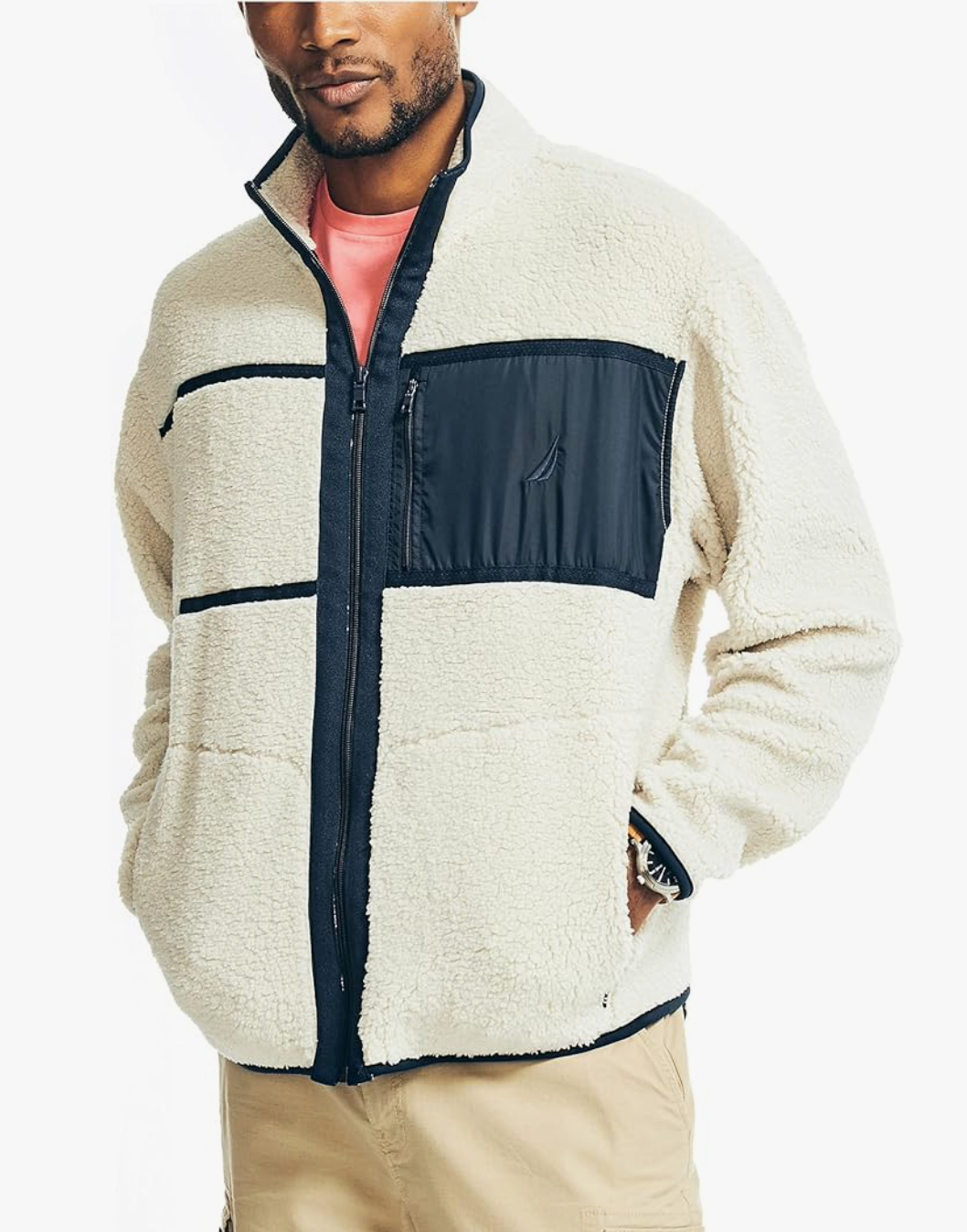 Nautica Men's Faux Shearling Full zip Sweatshirt White Small