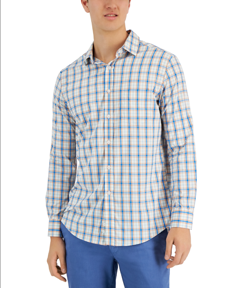 Club Room Men's Plaid Tech Woven Button Down Shirt Blue Sapphire 2XL