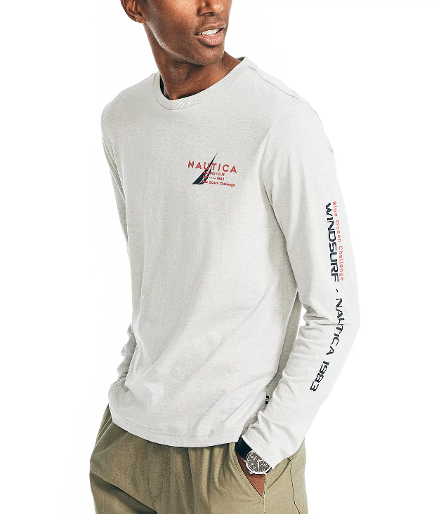 Nautica Mens Sustainably Crafted  White Graphic Longsleeve Tshirt  Large