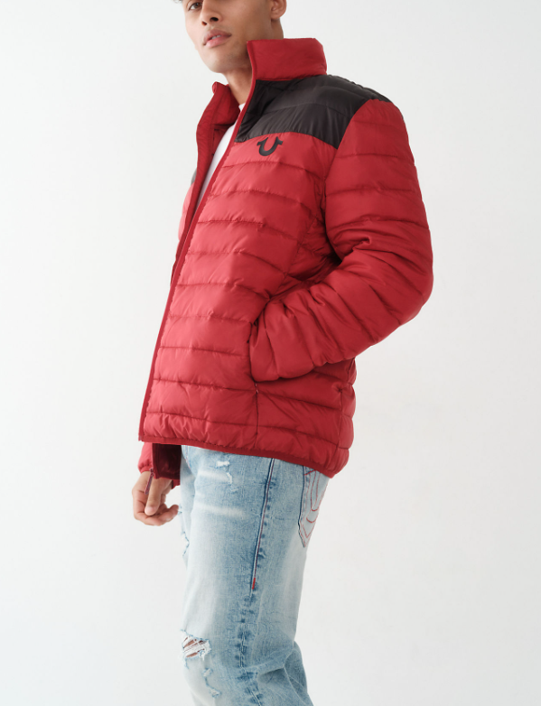 True Religion Mens Light Puffer Jacket XL Red Dahlia Black
