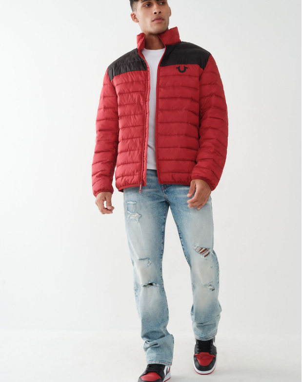 True Religion Mens Light Puffer Jacket XL Red Dahlia Black