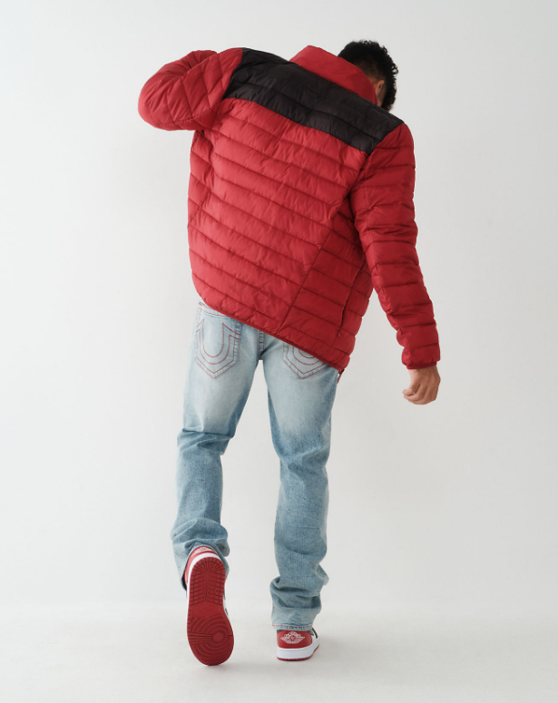 True Religion Mens Light Puffer Jacket XL Red Dahlia Black
