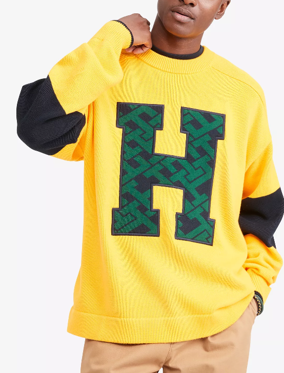 Tommy Hilfiger Men's Varsity-Style Monogram Crewneck Sweater Sun Yellow Large