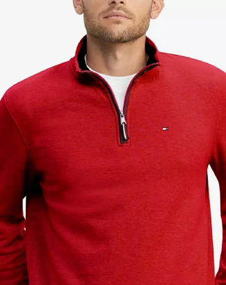 Tommy Hilfiger Red XL Cotton Ribbed 1/4 Zip Trim Pullover Sweater XL