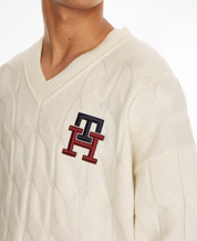 Tommy Hilfiger Mens Monogram Ivory Pullover V-Neck Sweater Large
