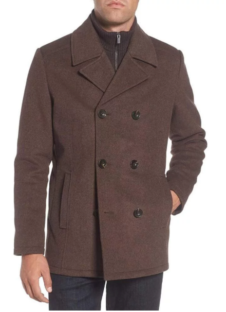 Kenneth Cole Men's Double Breasted Wool Blend Peacoat Small Bib Brown Coat