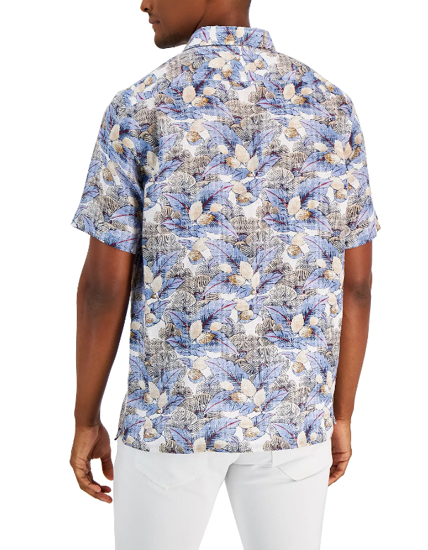 Club Room Mens Linen Floral Button Up Shirt Blue Small