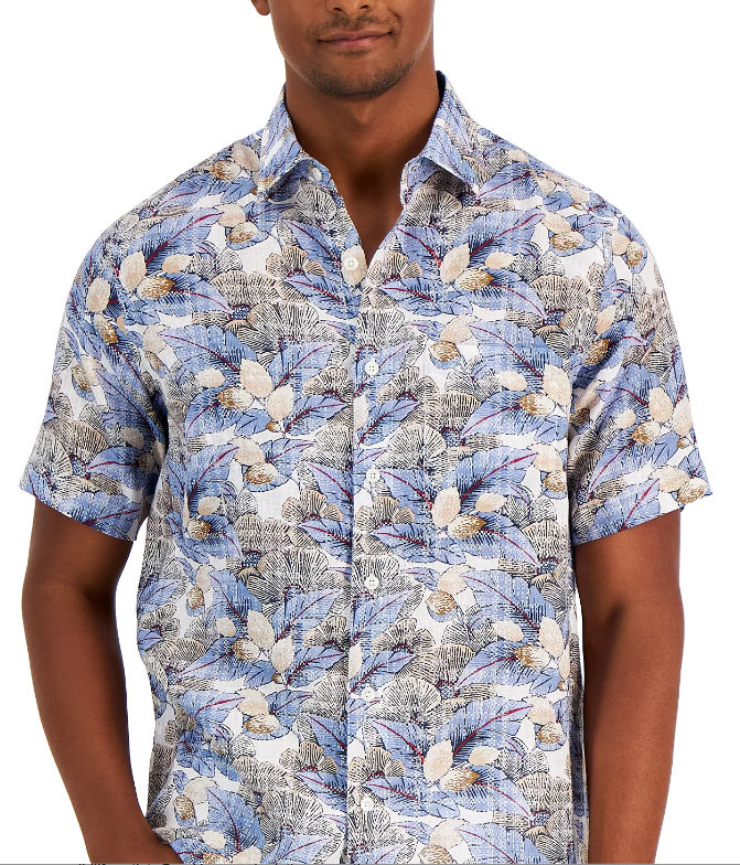 Club Room Mens Linen Floral Button Up Shirt Blue XXL 2XL