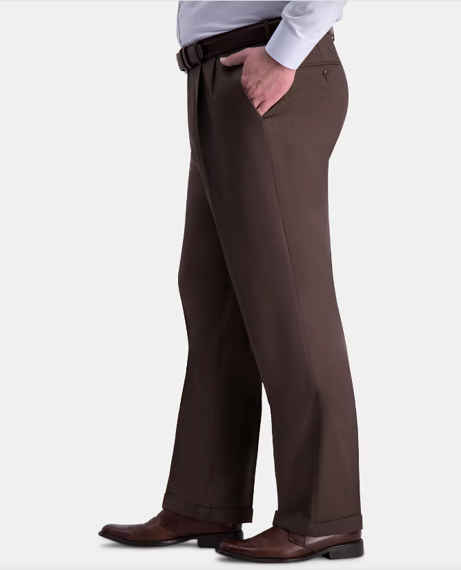 Haggar Mens Big & Tall Premium Comfort Stretch Pleated Dress Pants Dark Chocolate 44 x 34