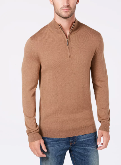 Club Room Mens Regular Fit Quarter Zip Sweater Tan Large