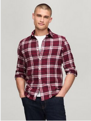 Tommy Hilfiger Mens Regular Fit Brushed Plaid Button Down Shirt Rouge XL