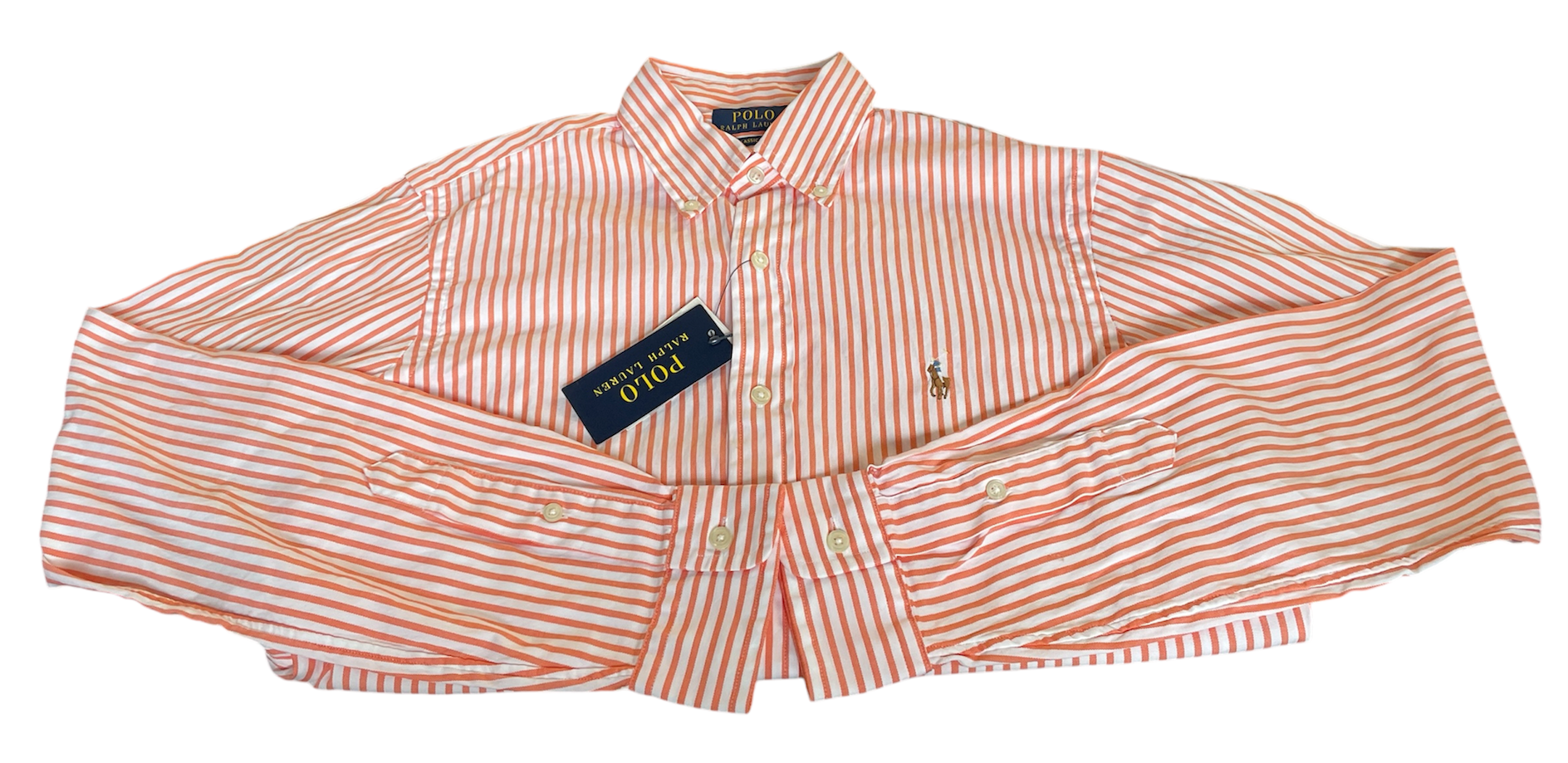 Polo Ralph Lauren Button-Down Oxford Long Sleeve Shirt White Orange Classic Fit Small