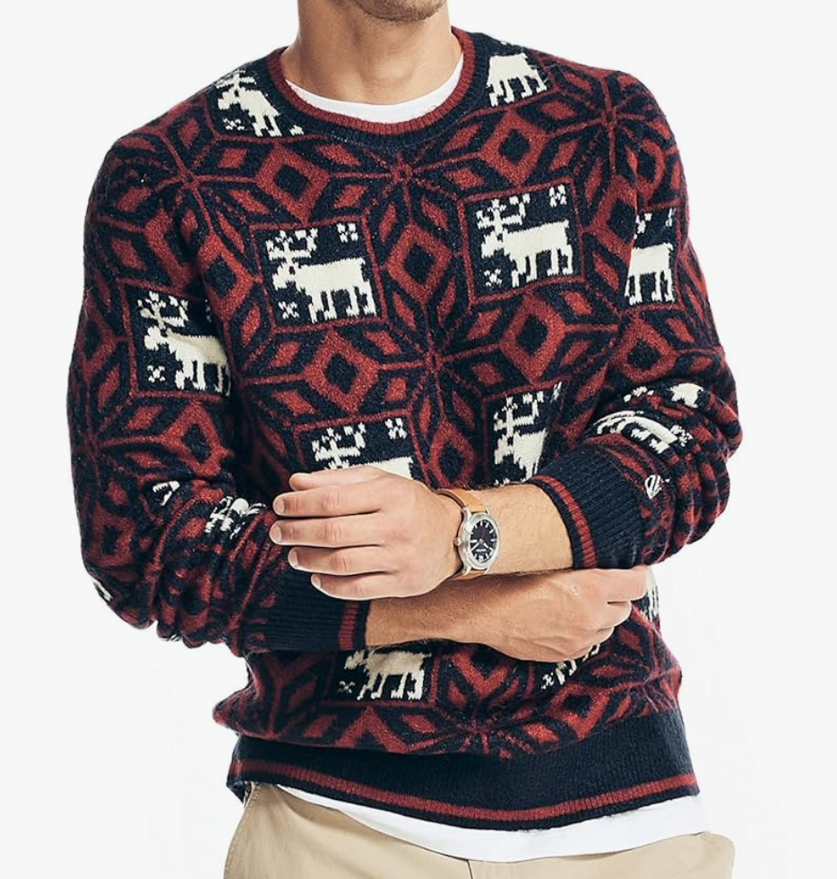 Nautica Reissue Moose Print Crewneck Sweater Dark Blue Medium