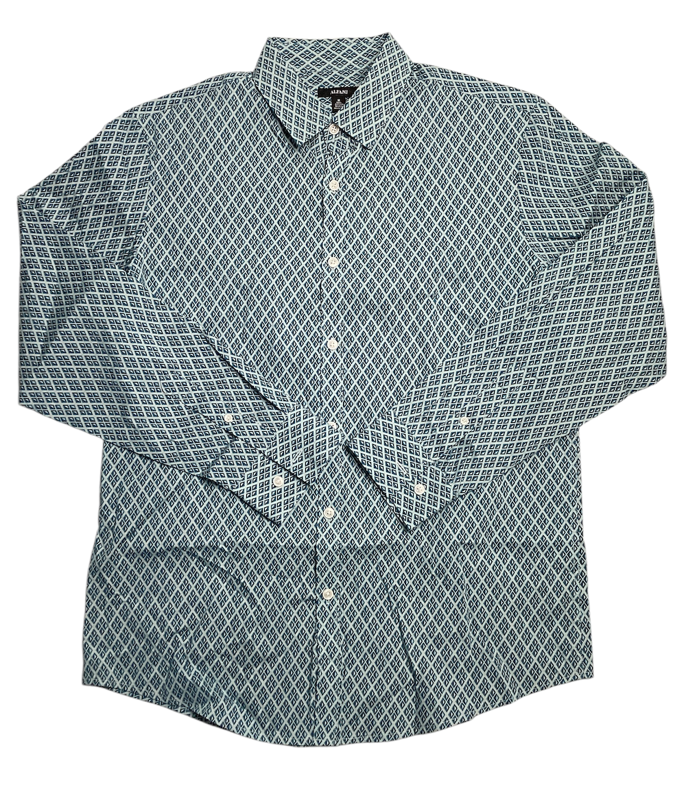 Alfani Mens Geo Print Long Sleeve Button Down Blue Medium