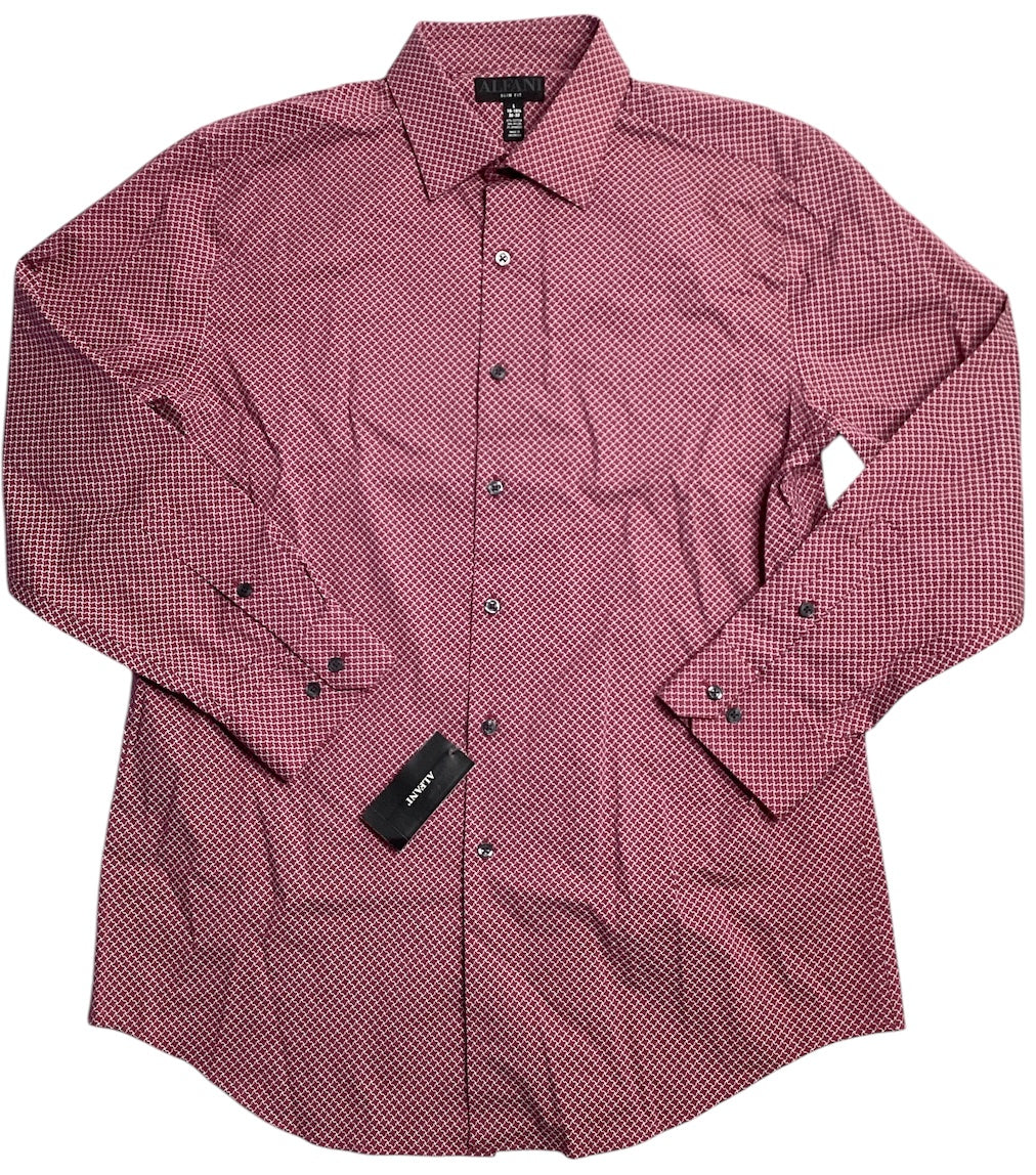 Alfani Mens Puzzle Print Button Down Dress Shirt Rose Pink White 14 14.5 32 33