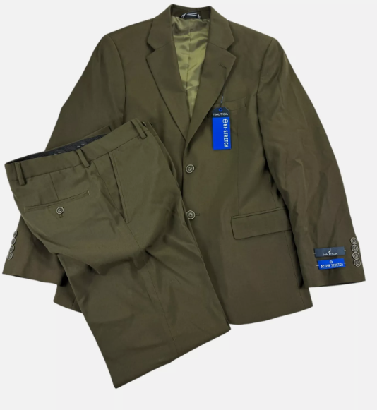 Nautica Mens Modern fit 2 Piece Suit 44 L / 38 Waist Olive Green Solid Stretch