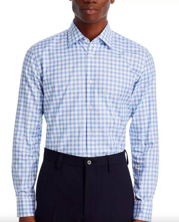 Hugo Boss Mens Hank Cotton Blend Check Slim Fit Dress Shirt Blue White Medium