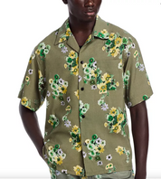 John Elliot Mens Short Sleeve Button Up Floral Camp Shirt Green Small