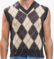 Marni Mens Argyle Light Grey Mohair Sweater Vest EU 48 US 38 Medium Purple
